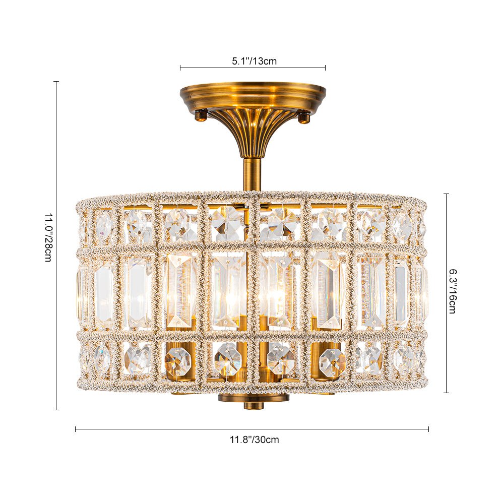 Plafonnier Cristal Laiton 3 Lumières Tambour pour Salon