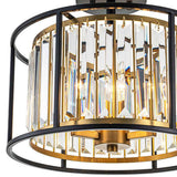 Plafonnier à cage en verre cylindrique avec monture noire et anneau laiton.
