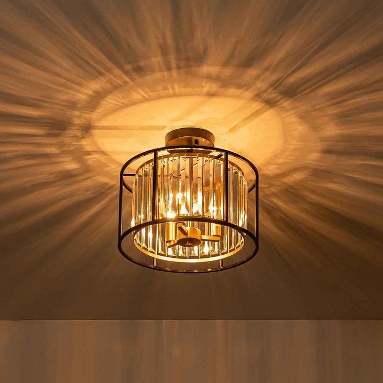 Plafonnier noir à cage, tambour en verre et 3 ampoules visibles, semi-encastré
