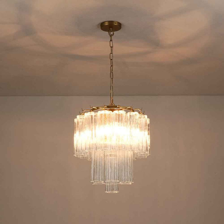 Lustre 3 lumières en verre texturé blanc et monture laiton, deux étages