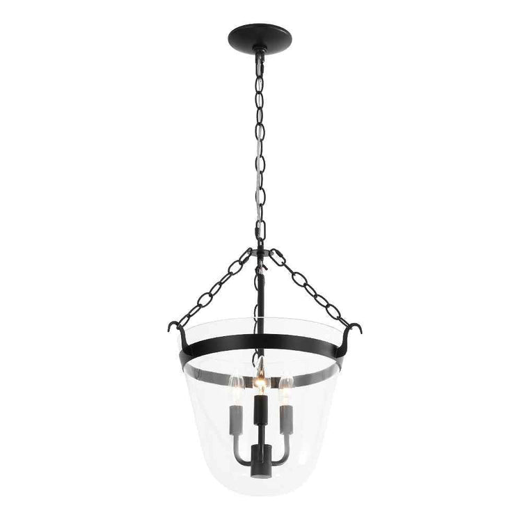 Lustre suspendu 3 lumières en verre transparent, monture noire et chaîne