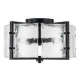 Plafonnier noir à 4 lumières avec capuchon supérieur et verre transparent texturé.