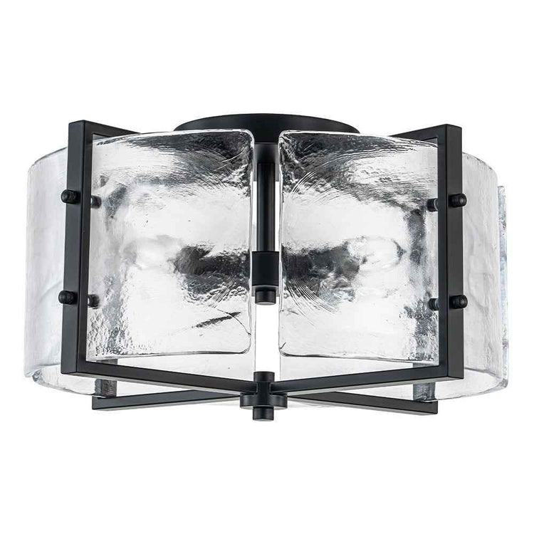 Plafonnier noir à 4 lumières, verre transparent texturé et structure rectangulaire.