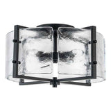 Plafonnier noir à 4 lumières, verre transparent texturé et structure rectangulaire.