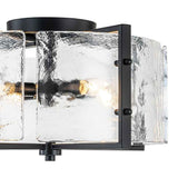 Plafonnier noir, panneau de verre transparent texturé dans un cadre rectangulaire.