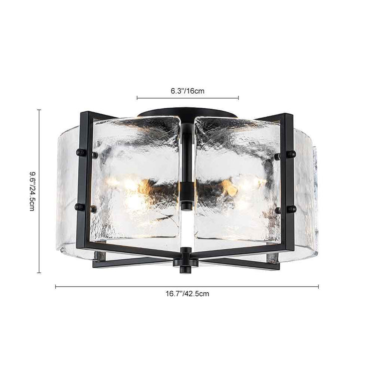 Plafonnier noir à 4 lumières, verre transparent texturé; mesures indiquées sur l’image.