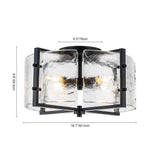 Plafonnier noir à 4 lumières, verre transparent texturé; mesures indiquées sur l’image.