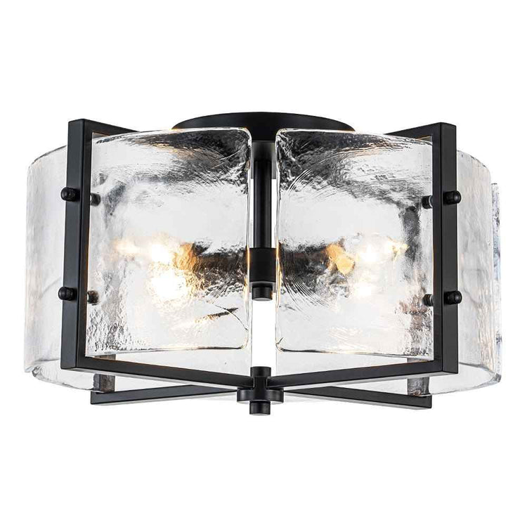 Plafonnier noir 4 lumières, deux panneaux de verre transparent texturé encadrés de métal.