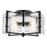 Plafonnier noir 4 lumières, deux panneaux de verre transparent texturé encadrés de métal.