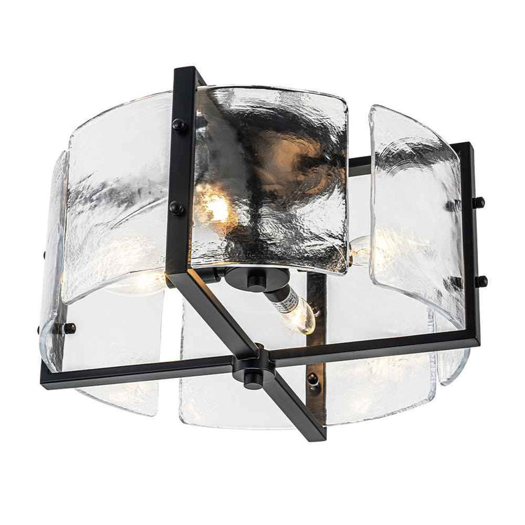 Plafonnier noir 4 lumières, structure en métal et écrans de verre transparent texturé.