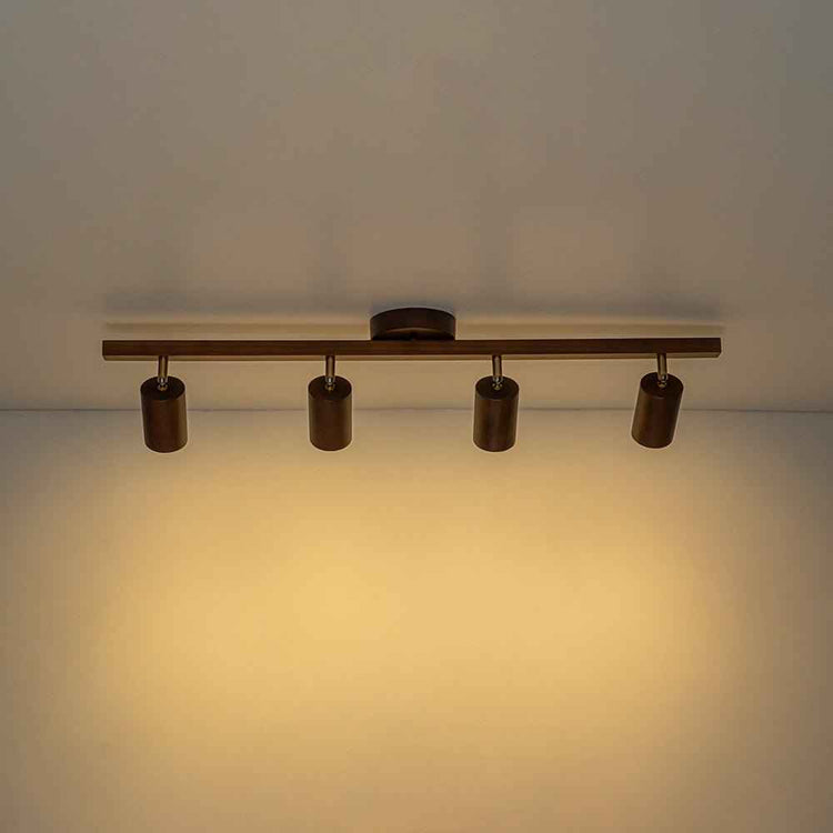 Plafonnier rail 4 spots en bois noyer, barre horizontale et abat-jours cylindriques