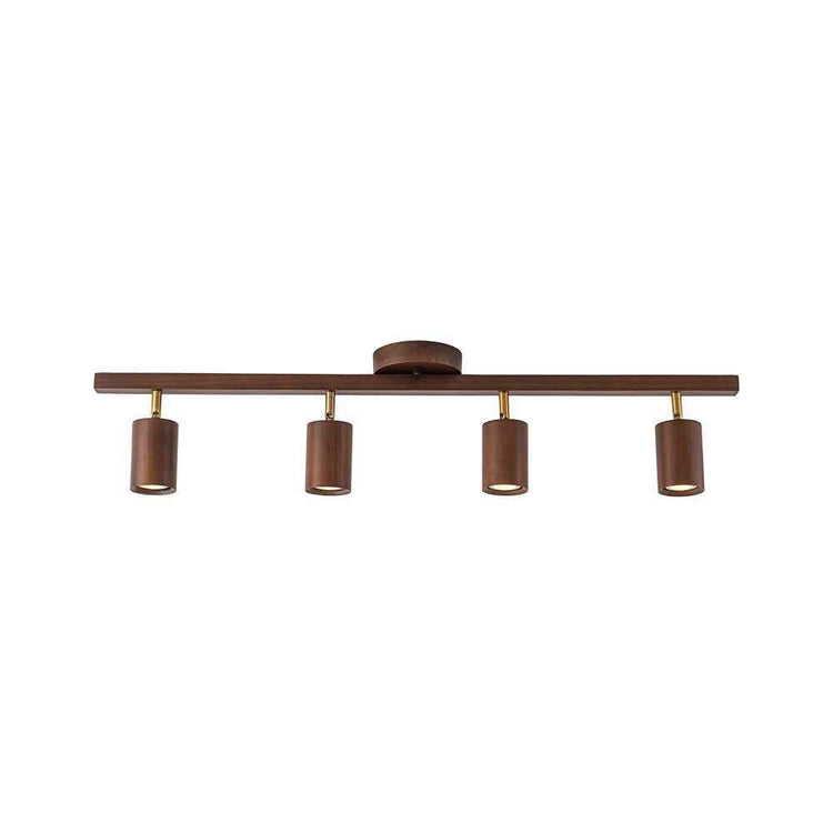 Plafonnier 4 spots sur rail bois noyer avec rosace ronde de fixation.