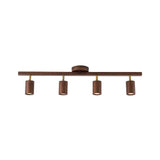 Plafonnier 4 spots sur rail bois noyer avec rosace ronde de fixation.