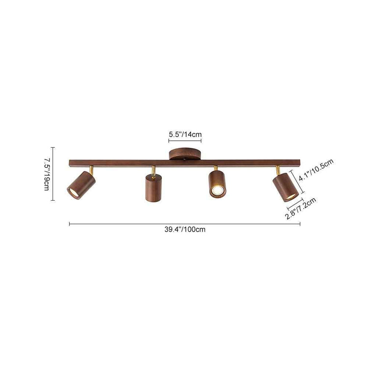 Plafonnier rail 4 spots noyer, 39,4 x 100 cm, 4 abat-jours cylindriques orientables
