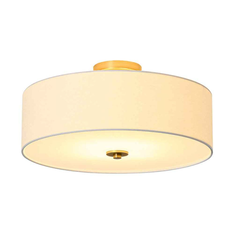Plafonnier tambour en lin beige, abat-jour cylindrique et monture laiton