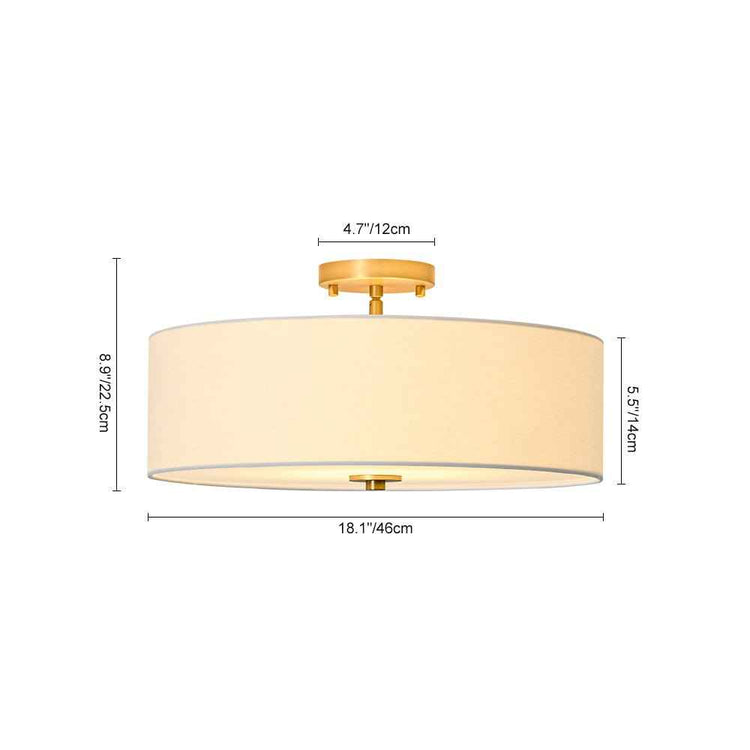 Plafonnier tambour en lin beige, forme cylindrique, monture laiton