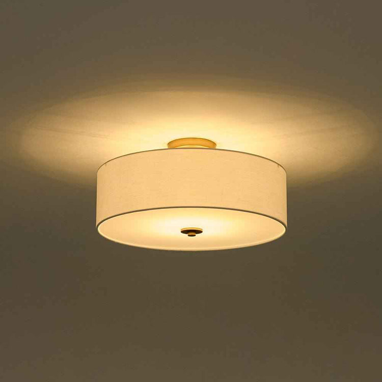 Plafonnier tambour en lin beige, abat-jour diffusant une lumière chaude