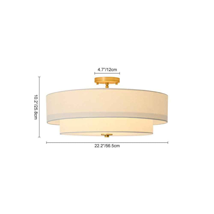 Plafonnier tambour en lin crème à deux niveaux, base en laiton, vue latérale.