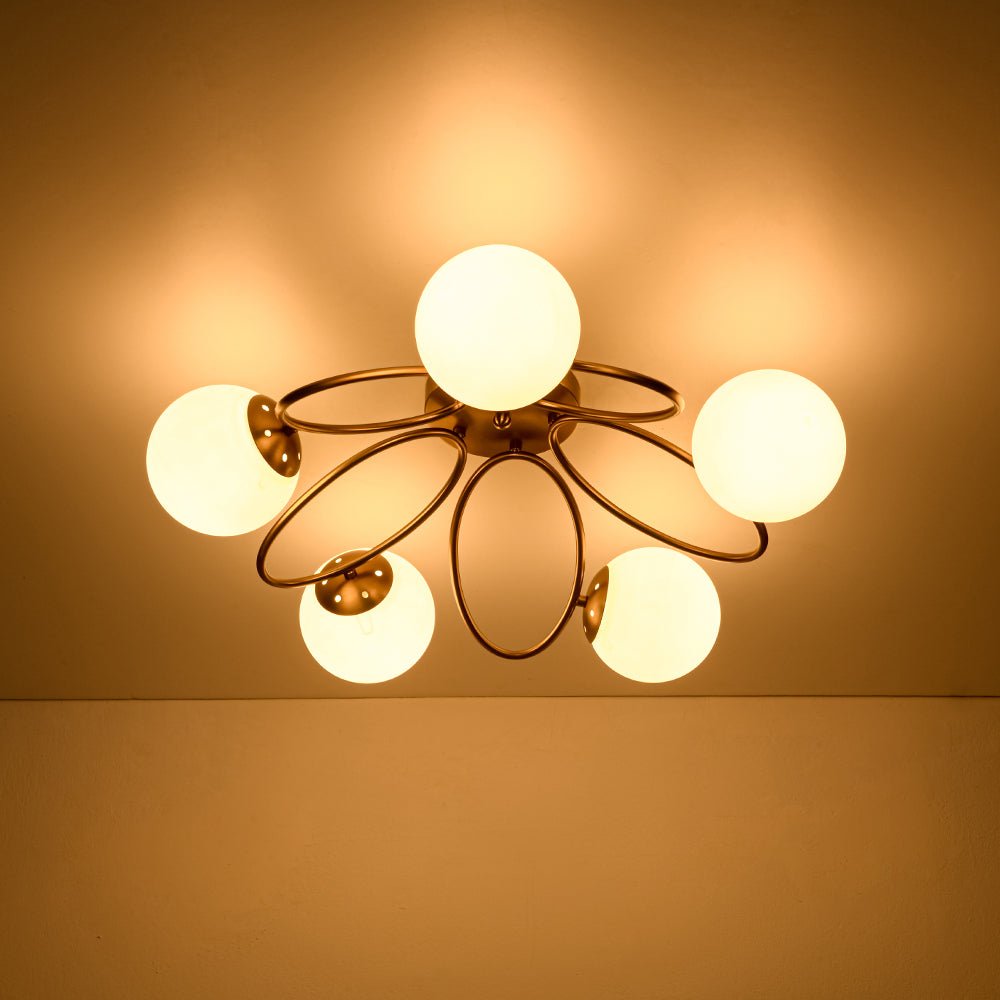 Lustre Boule Verre 5 Lumières Opale Anneau Sputnik Semi-Encastré