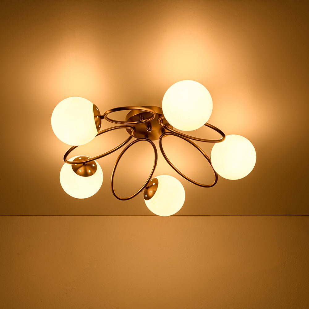 Lustre Boule Verre 5 Lumières Opale Anneau Sputnik Semi-Encastré