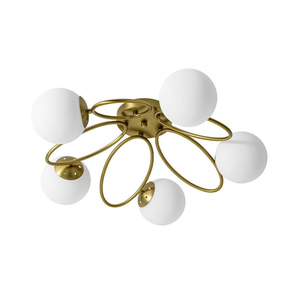 Lustre Boule Verre 5 Lumières Opale Anneau Sputnik Semi-Encastré