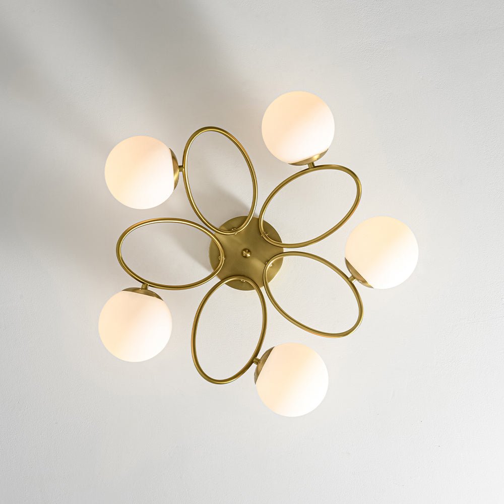 Lustre Boule Verre 5 Lumières Opale Anneau Sputnik Semi-Encastré