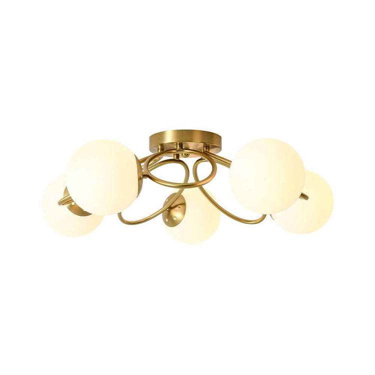 Lustre semi-encastré à 5 globes opales, plaque de fixation ronde en laiton.