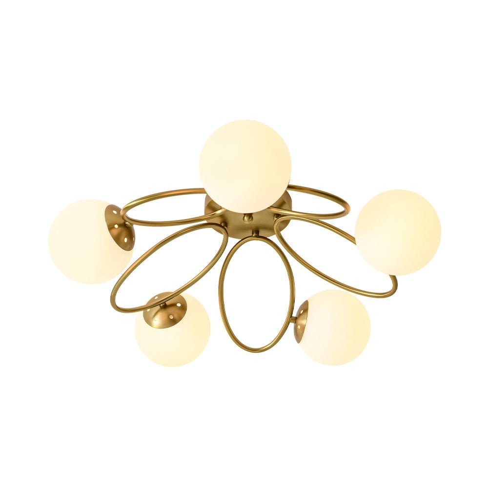 Lustre Boule Verre 5 Lumières Opale Anneau Sputnik Semi-Encastré