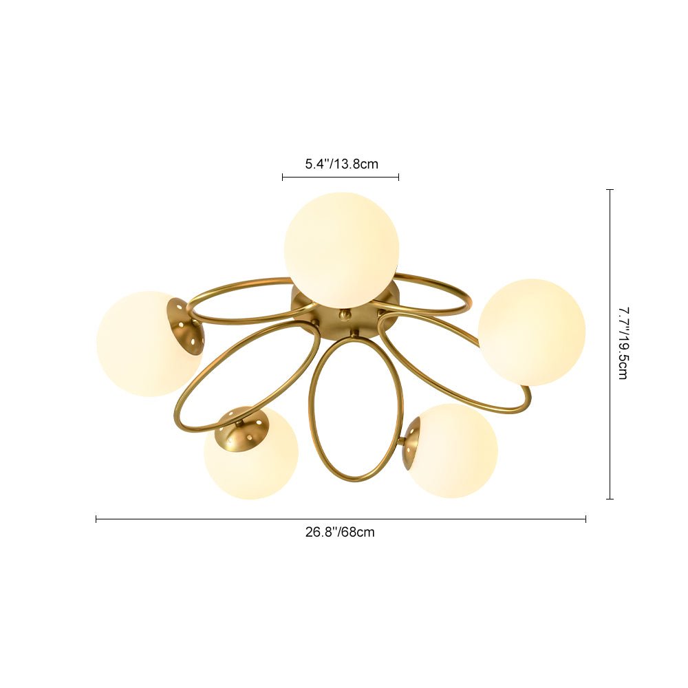 Lustre Boule Verre 5 Lumières Opale Anneau Sputnik Semi-Encastré