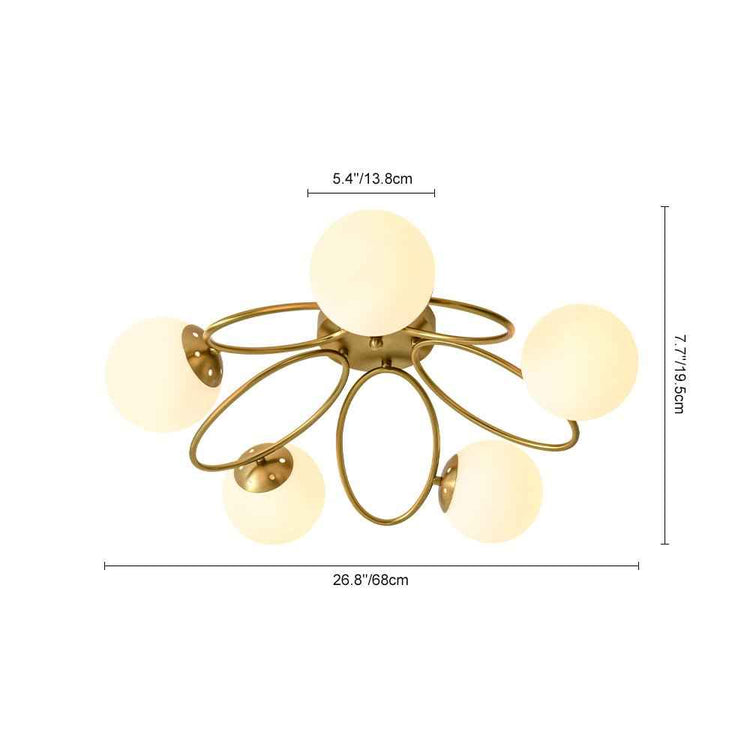 Lustre semi-encastré sputnik à 5 globes opales, cadre laiton aux formes enroulées.