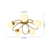 Lustre semi-encastré sputnik à 5 globes opales, cadre laiton aux formes enroulées.