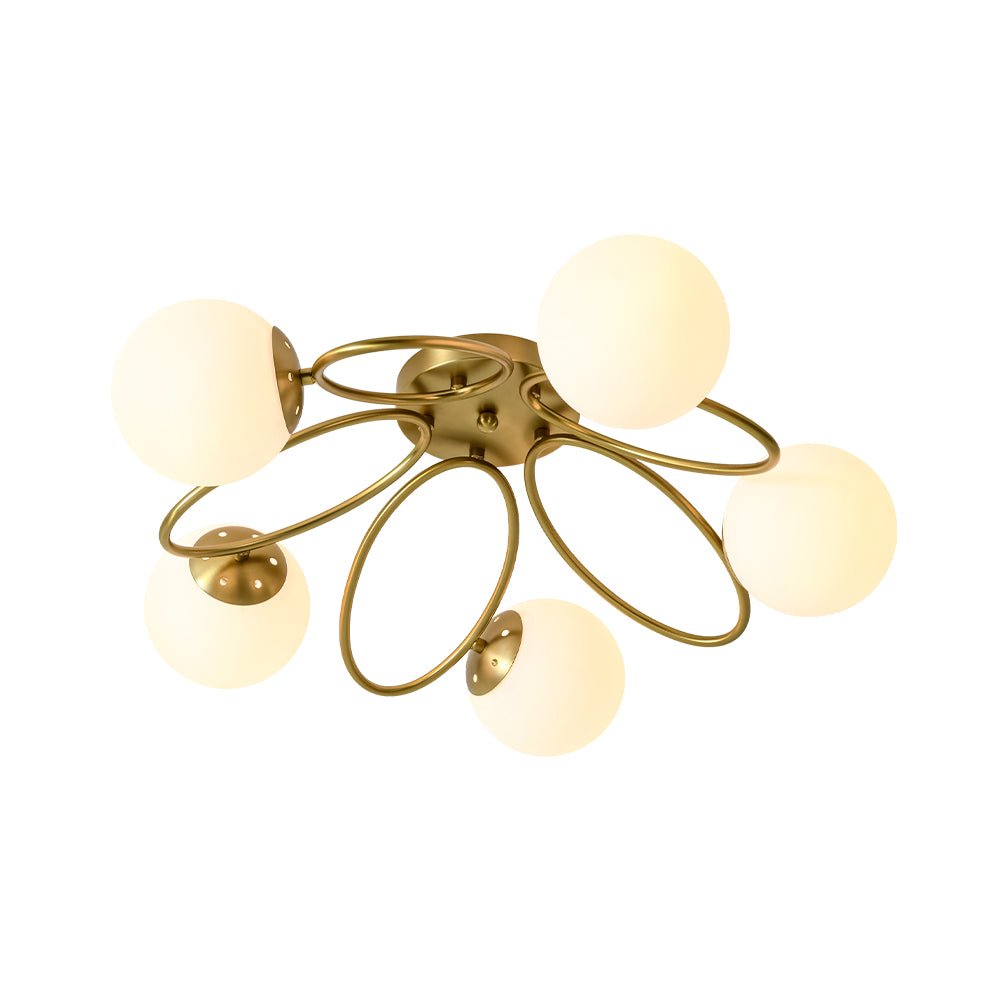 Lustre Boule Verre 5 Lumières Opale Anneau Sputnik Semi-Encastré