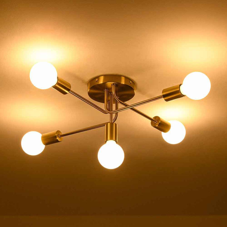 Plafonnier sputnik laiton à 5 lumières allumées, ampoules en verre diffusant la lumière