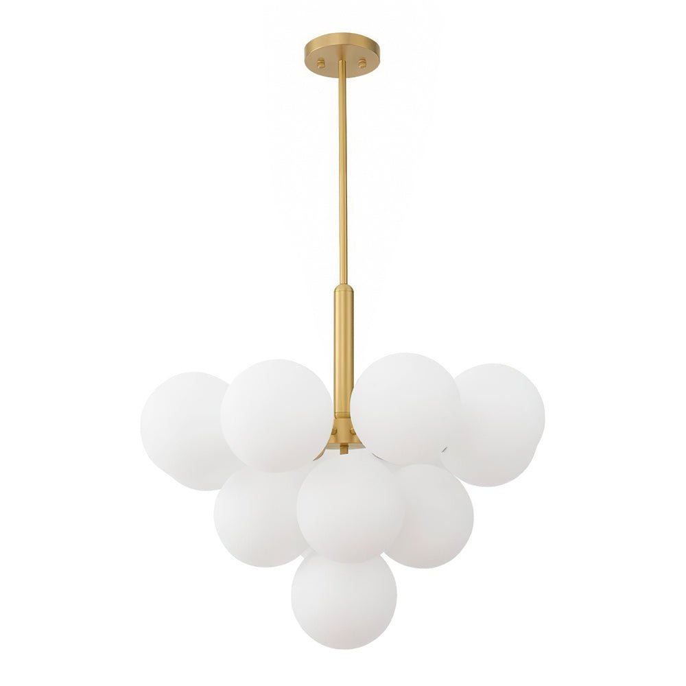 Suspension boule en verre opale et structure en laiton, grappe à bras multiples