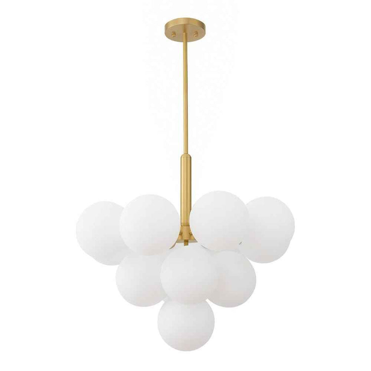 Suspension boule en verre opale et structure en laiton, grappe à bras multiples