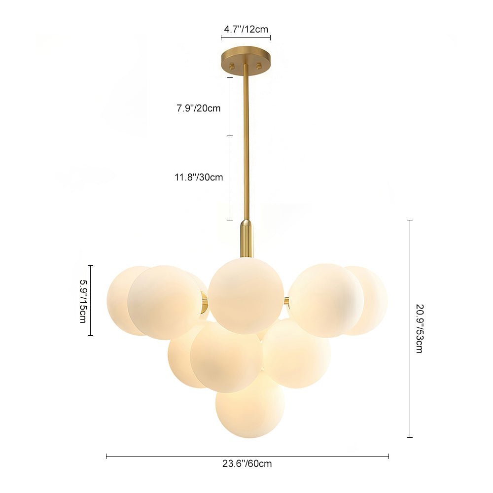 Schéma du lustre: tige laiton et grappe de boules en verre opale, avec mesures.