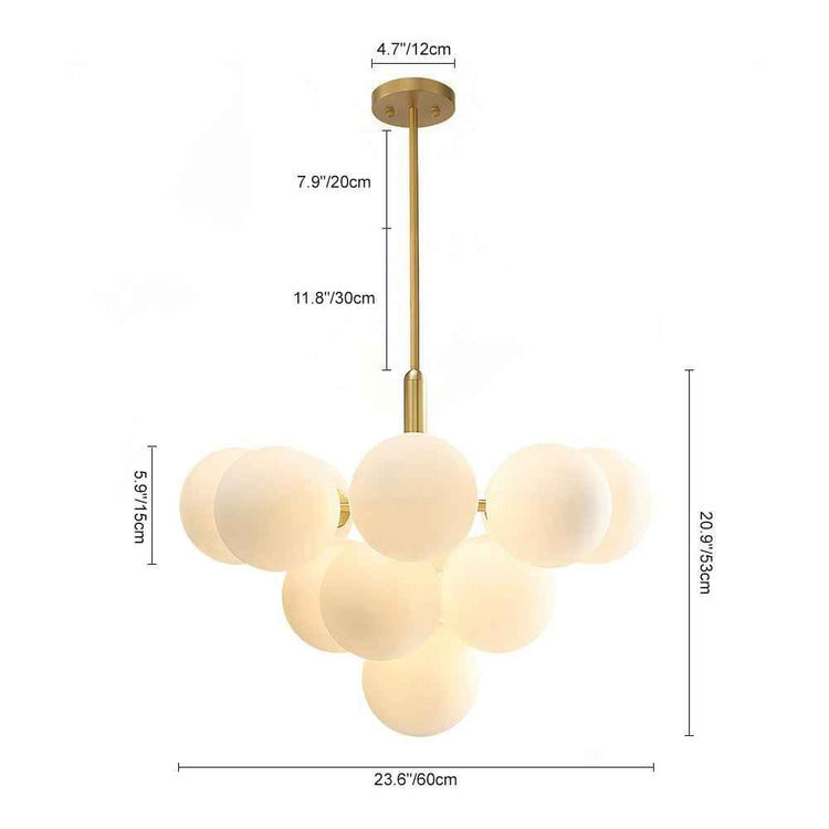 Schéma du lustre: tige laiton et grappe de boules en verre opale, avec mesures.