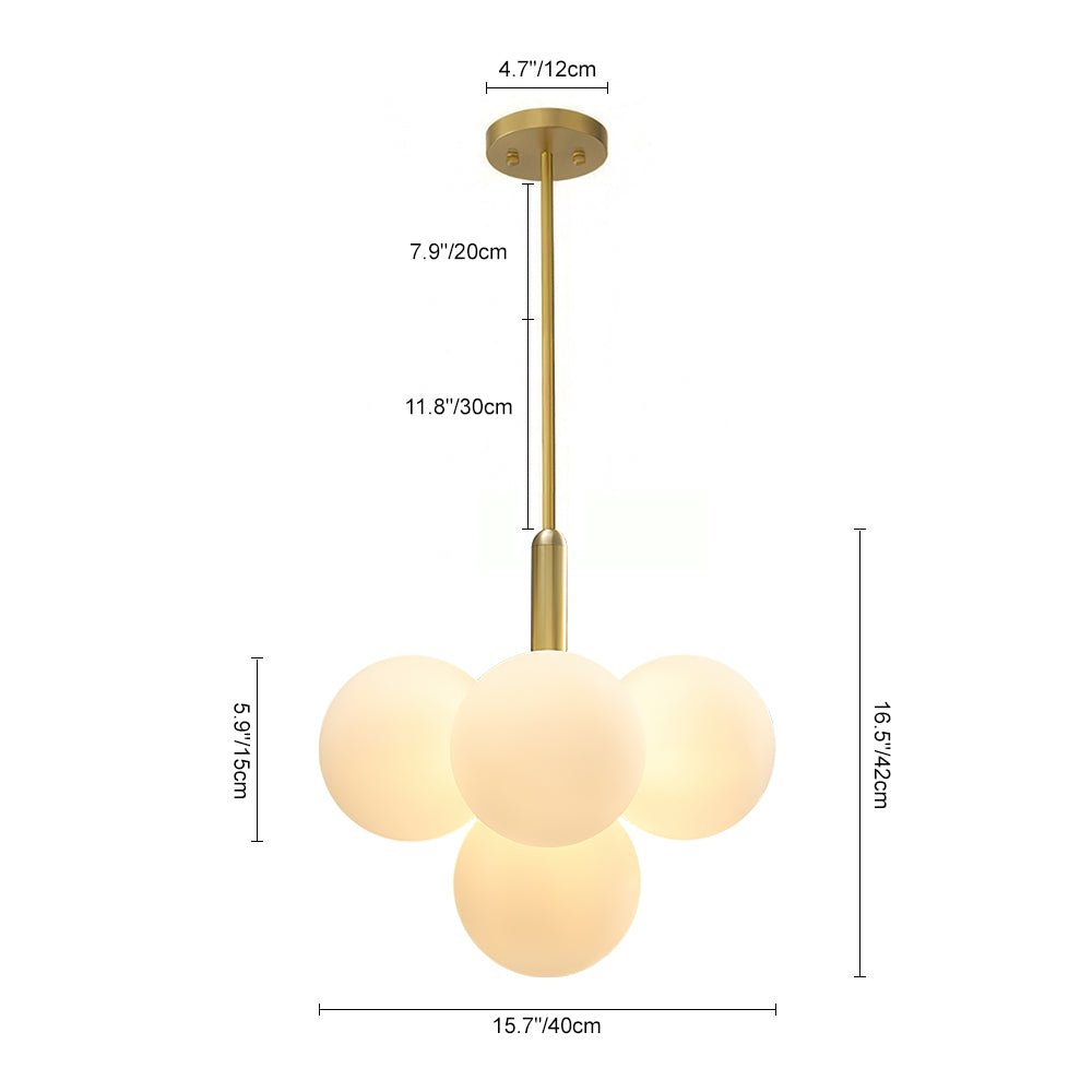 Schéma du lustre: tige laiton et boules en verre opale laiteux, mesures indiquées.