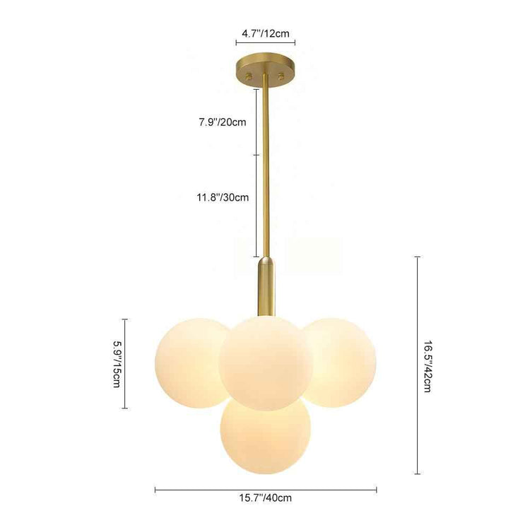 Schéma du lustre: tige laiton et boules en verre opale laiteux, mesures indiquées.