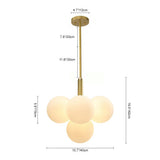 Schéma du lustre: tige laiton et boules en verre opale laiteux, mesures indiquées.