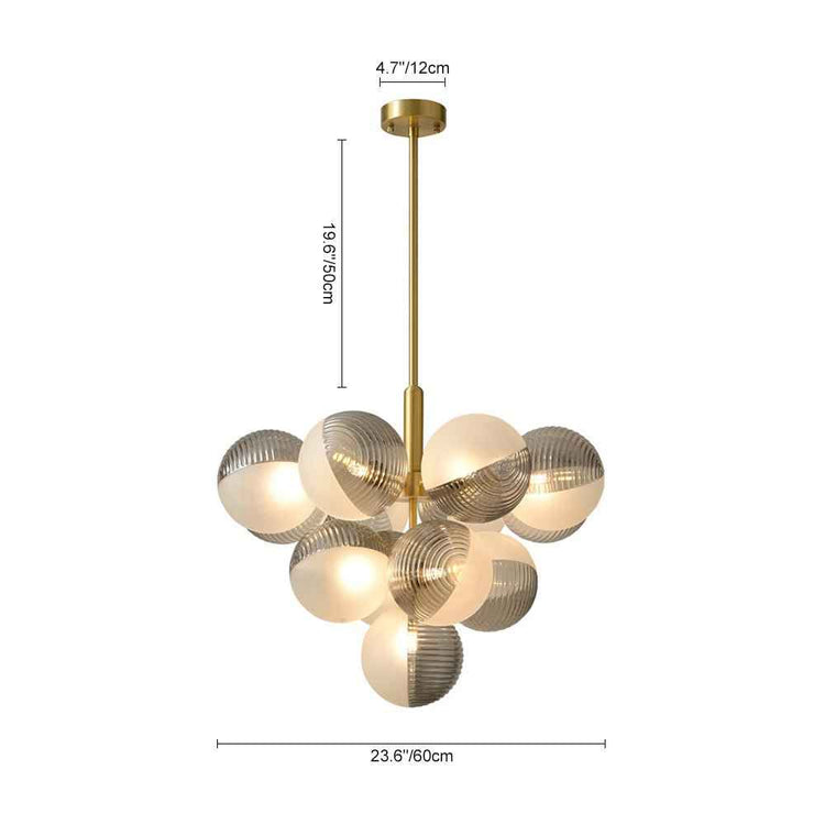 Dimensions lustre: H 96,5 cm, L 60 cm, Ø12 cm des boules de verre.