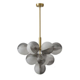 Lustre à boules de verre opale texturé gris, tige laiton et rosace ronde.