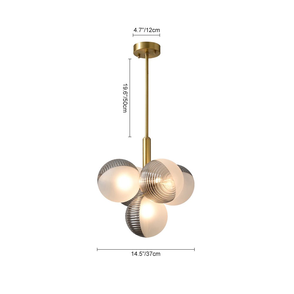 Lustre suspendu avec globes en verre opale texturé gris-blanc et tige dorée