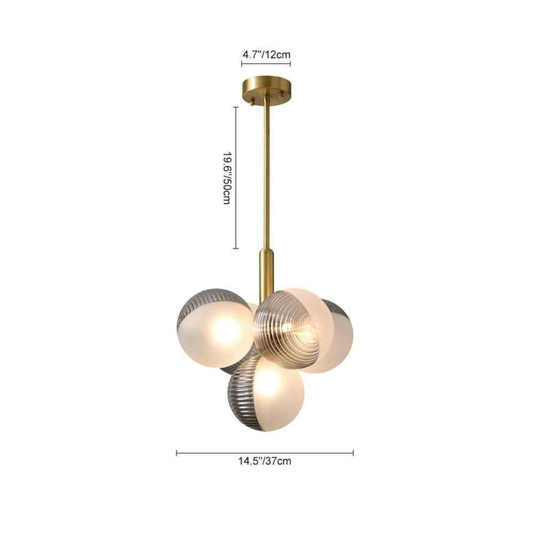 Lustre suspendu avec globes en verre opale texturé gris-blanc et tige dorée