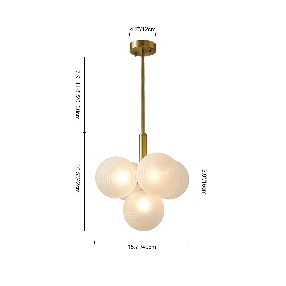 Vue de dimensions d’une suspension à boules en verre opale blanc texturé et tige laiton