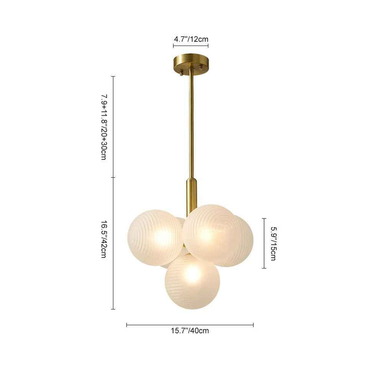 Vue de dimensions d’une suspension à boules en verre opale blanc texturé et tige laiton