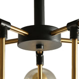 Base noire du plafonnier avec bras dorés, fixation centrale au plafond.