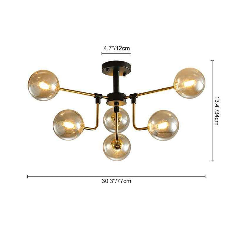 Plafonnier 6 lumières, dimensions 30,3/77 cm et hauteur 13,4/43 cm, verre ambré.