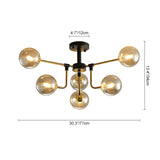 Plafonnier 6 lumières, dimensions 30,3/77 cm et hauteur 13,4/43 cm, verre ambré.