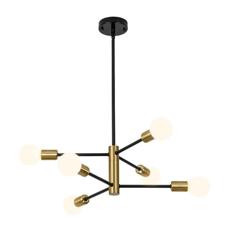 Lustre sputnik noir et laiton, 6 bras avec ampoules sphériques, plaque plafond